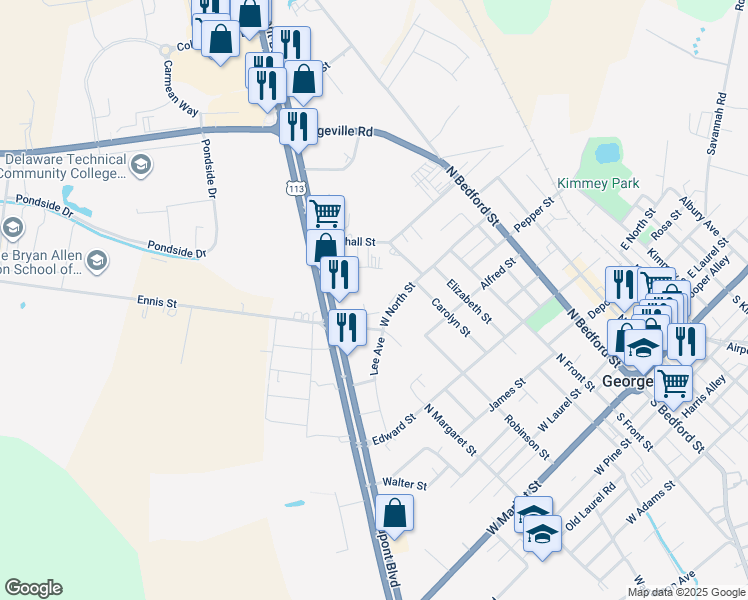 map of restaurants, bars, coffee shops, grocery stores, and more near 110 West North Street in Georgetown