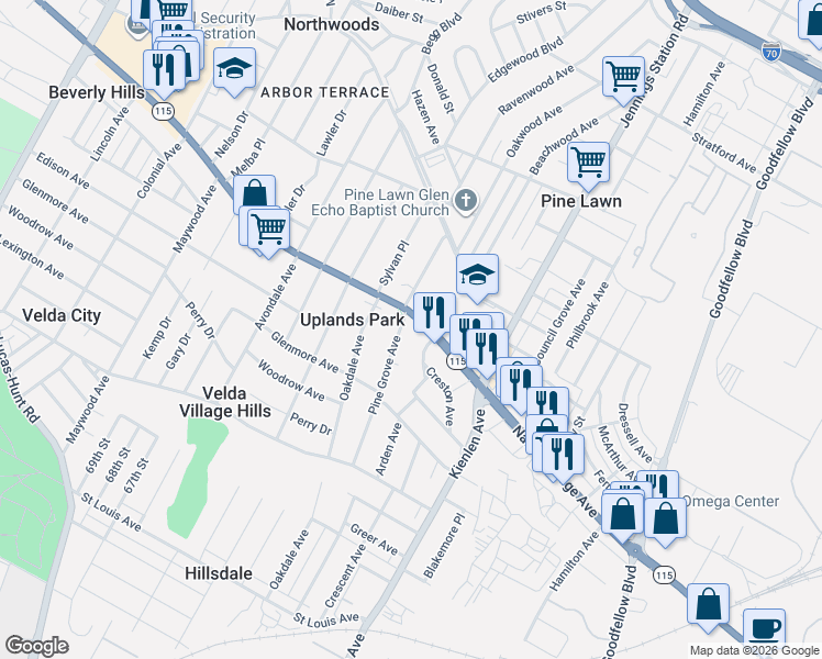 map of restaurants, bars, coffee shops, grocery stores, and more near 3620 Pine Grove Avenue in St. Louis