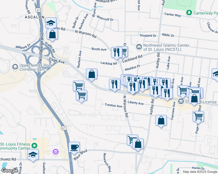 map of restaurants, bars, coffee shops, grocery stores, and more near 10755 Page Avenue in St. Louis