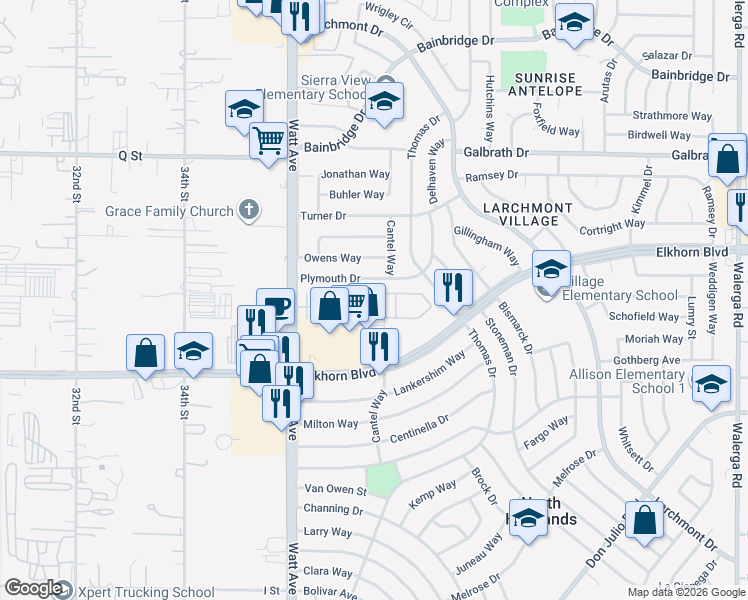 map of restaurants, bars, coffee shops, grocery stores, and more near 3685 Elkhorn Boulevard in North Highlands