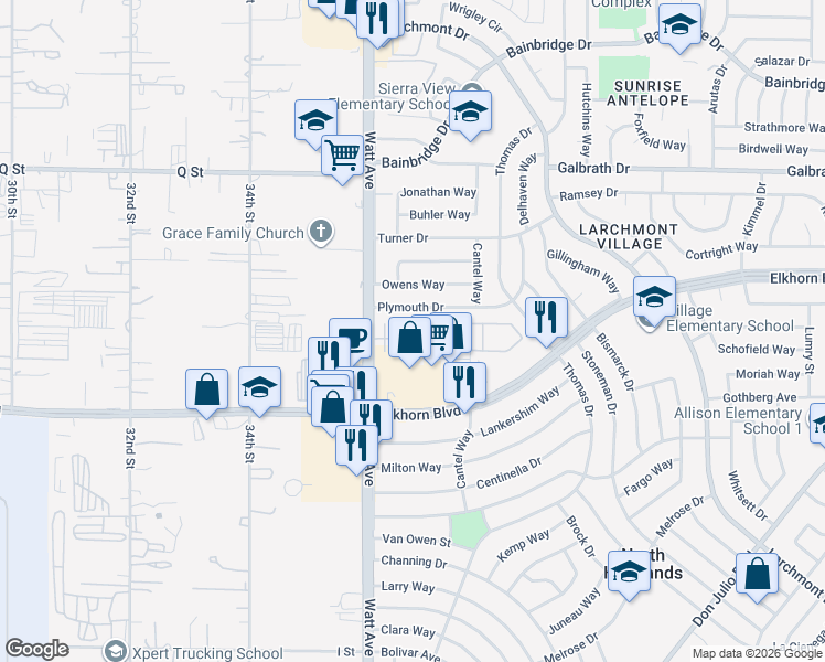 map of restaurants, bars, coffee shops, grocery stores, and more near 6920 Watt Avenue in North Highlands