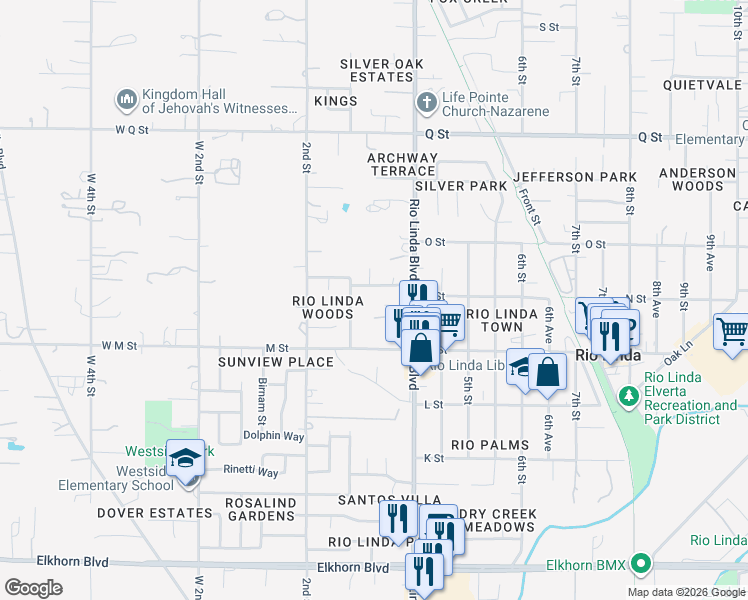 map of restaurants, bars, coffee shops, grocery stores, and more near 6841 Rio Linda Boulevard in Rio Linda