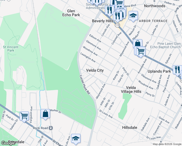 map of restaurants, bars, coffee shops, grocery stores, and more near in Velda City