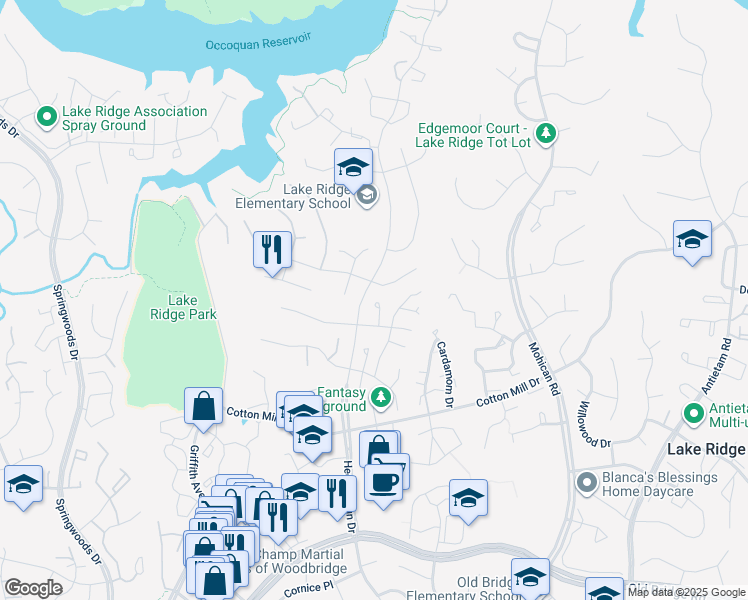 map of restaurants, bars, coffee shops, grocery stores, and more near 3382 Fort Lyon Drive in Woodbridge