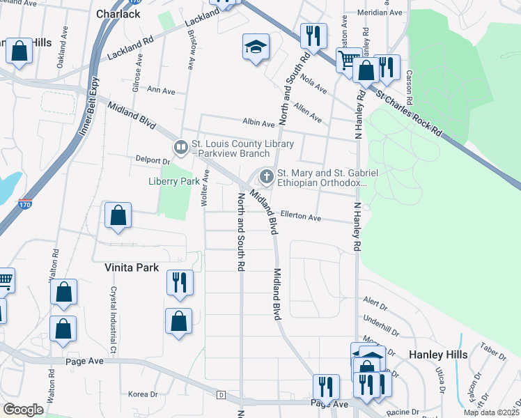 map of restaurants, bars, coffee shops, grocery stores, and more near 8205 Eads Avenue in St. Louis