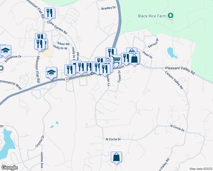 map of restaurants, bars, coffee shops, grocery stores, and more near 4271 Fowler Lane in Diamond Springs