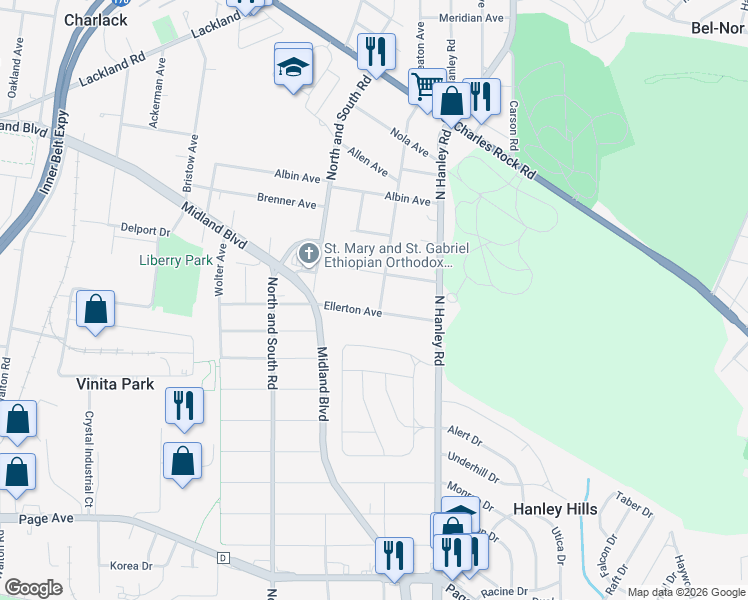 map of restaurants, bars, coffee shops, grocery stores, and more near 8103 Ellerton Avenue in St. Louis