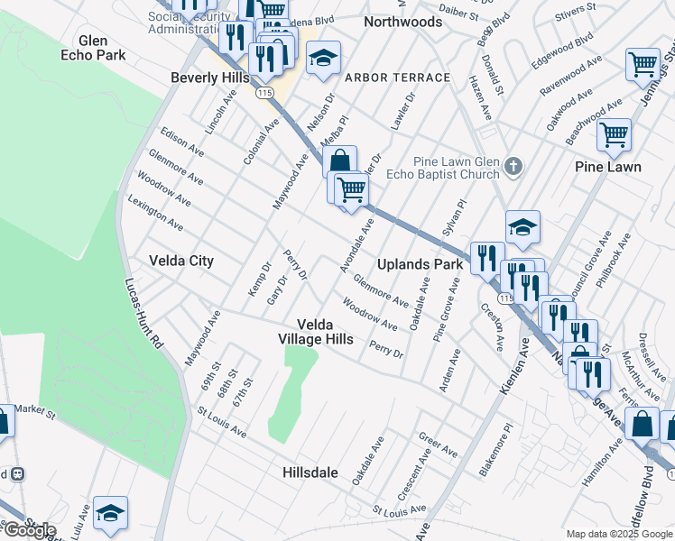 map of restaurants, bars, coffee shops, grocery stores, and more near 3453 Avondale Avenue in St. Louis