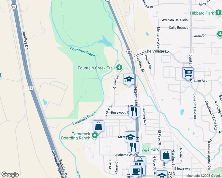 map of restaurants, bars, coffee shops, grocery stores, and more near 909 Grinde Drive in Fountain