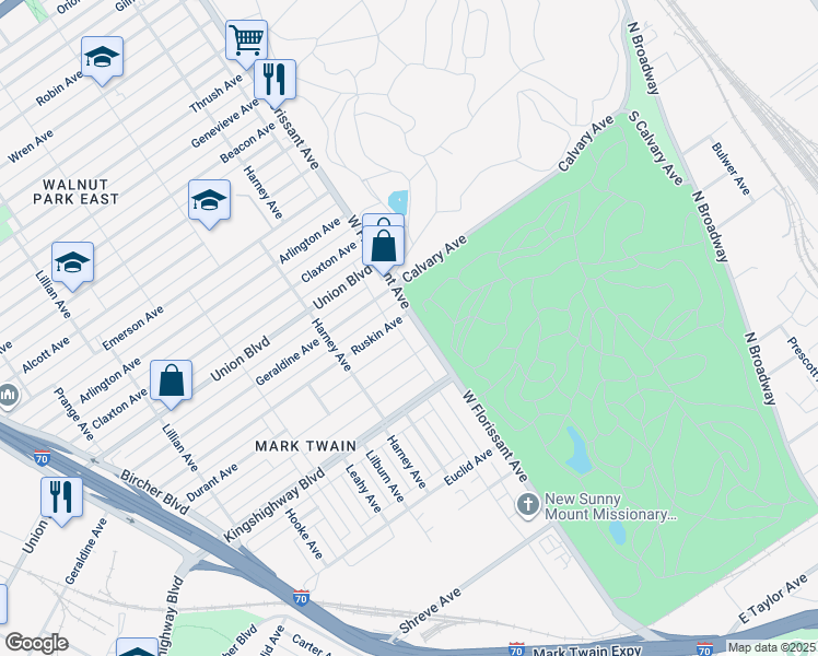 map of restaurants, bars, coffee shops, grocery stores, and more near 5456 Ruskin Avenue in St. Louis