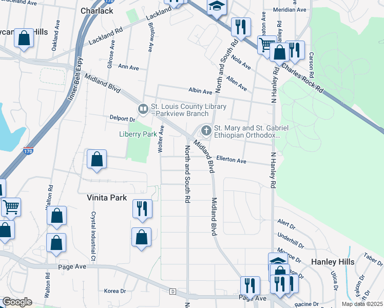 map of restaurants, bars, coffee shops, grocery stores, and more near 8300 Eads Avenue in St. Louis