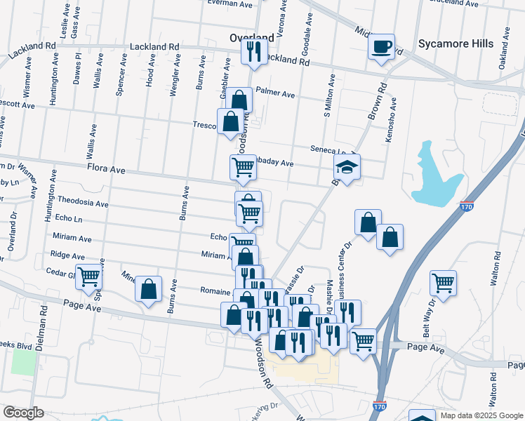 map of restaurants, bars, coffee shops, grocery stores, and more near 30 Kalen Drive in Overland