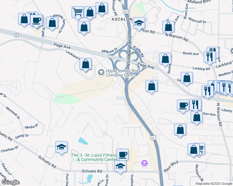map of restaurants, bars, coffee shops, grocery stores, and more near 1535 Oak Forest Spur Drive in St. Louis