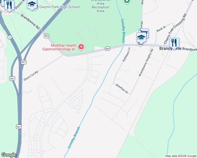 map of restaurants, bars, coffee shops, grocery stores, and more near 14300 Mattawoman Drive in Brandywine