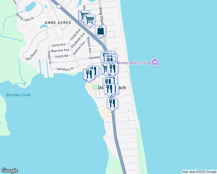 map of restaurants, bars, coffee shops, grocery stores, and more near 1701 Coastal Highway in Dewey Beach