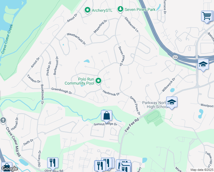 map of restaurants, bars, coffee shops, grocery stores, and more near 13043 Midfield Terrace in St. Louis