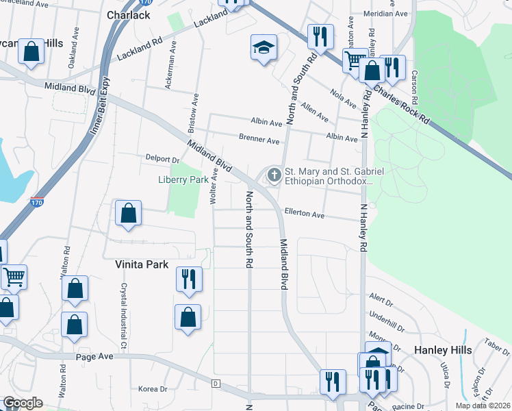 map of restaurants, bars, coffee shops, grocery stores, and more near 8300 Eads Avenue in St. Louis