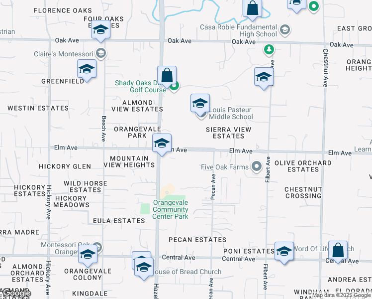 map of restaurants, bars, coffee shops, grocery stores, and more near 8935 Elm Avenue in Orangevale