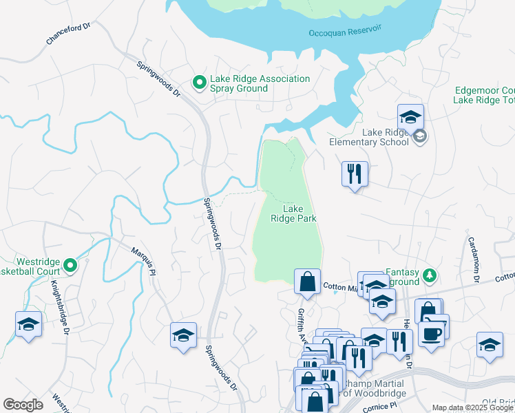 map of restaurants, bars, coffee shops, grocery stores, and more near 11977 Mojave Lane in Woodbridge