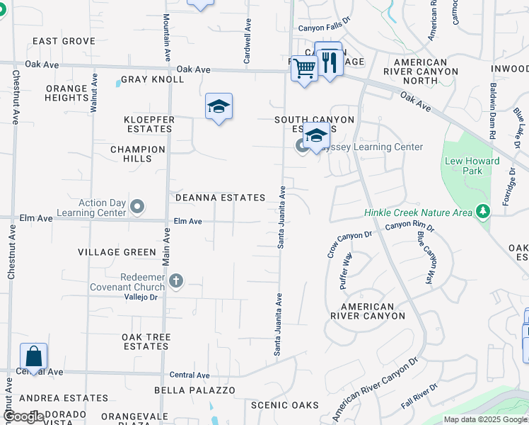 map of restaurants, bars, coffee shops, grocery stores, and more near 6941 Santa Juanita Avenue in Orangevale