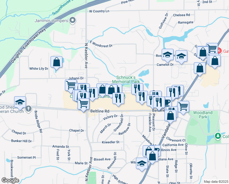 map of restaurants, bars, coffee shops, grocery stores, and more near 601 Beltline Road in Collinsville
