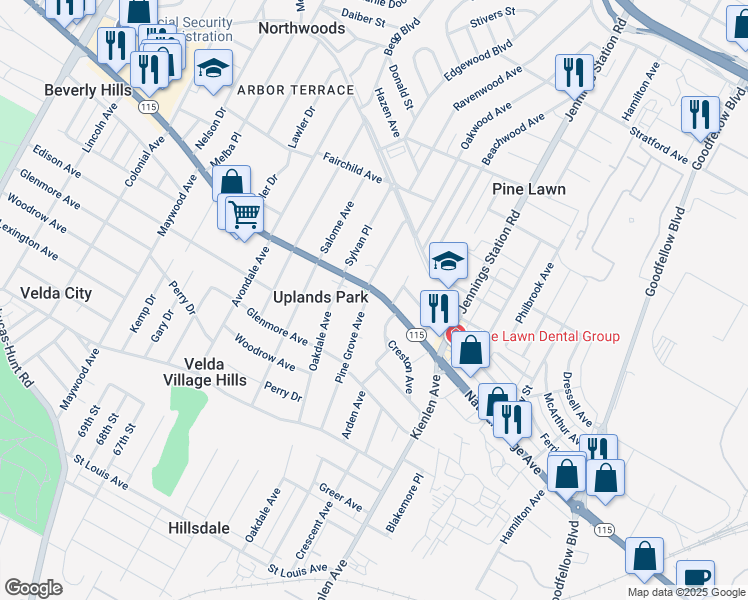 map of restaurants, bars, coffee shops, grocery stores, and more near 3620 Pine Grove Avenue in St. Louis