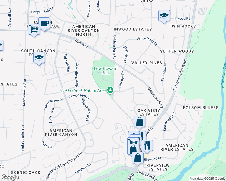 map of restaurants, bars, coffee shops, grocery stores, and more near 7046 Baldwin Dam Road in Folsom