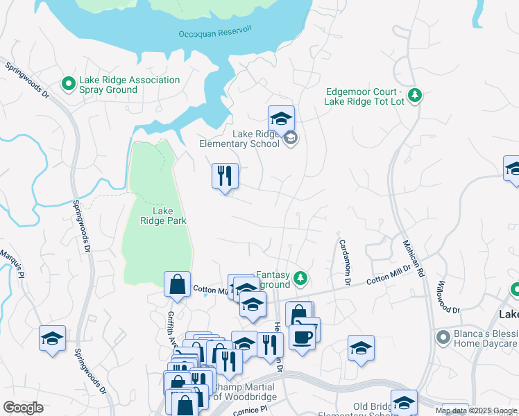 map of restaurants, bars, coffee shops, grocery stores, and more near 3465 Lyon Park Court in Woodbridge