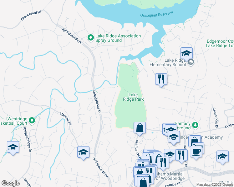 map of restaurants, bars, coffee shops, grocery stores, and more near 11977 Mojave Lane in Woodbridge