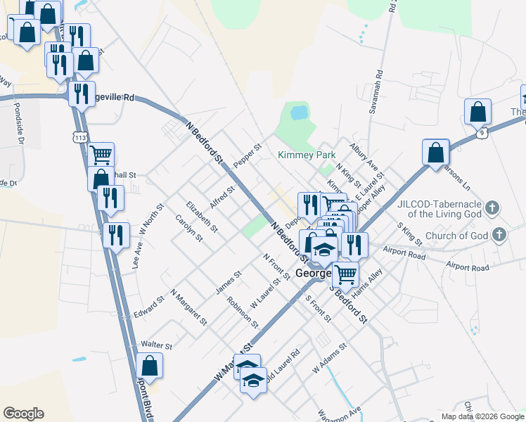 map of restaurants, bars, coffee shops, grocery stores, and more near North Bedford Street & New Street in Georgetown