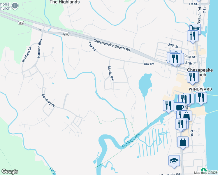 map of restaurants, bars, coffee shops, grocery stores, and more near 3323 Silverton Lane in Chesapeake Beach