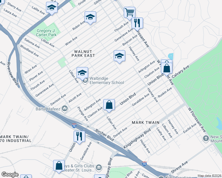 map of restaurants, bars, coffee shops, grocery stores, and more near 5054 Arlington Avenue in St. Louis