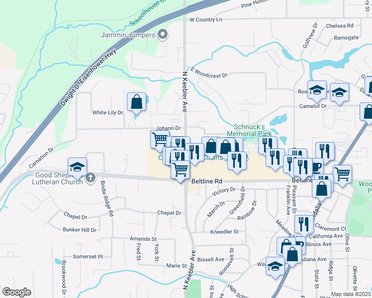 map of restaurants, bars, coffee shops, grocery stores, and more near 1747 North Keebler Avenue in Collinsville
