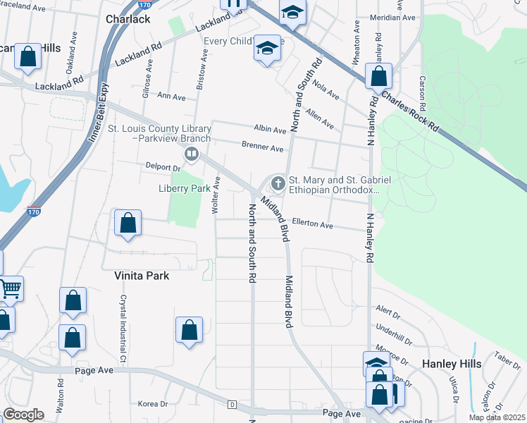 map of restaurants, bars, coffee shops, grocery stores, and more near 8204 Eads Avenue in St. Louis