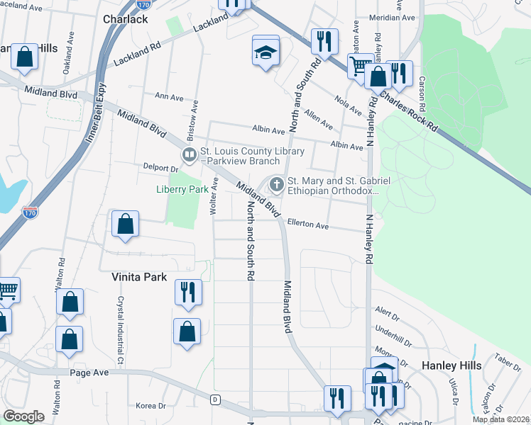 map of restaurants, bars, coffee shops, grocery stores, and more near 8204 Eads Avenue in St. Louis