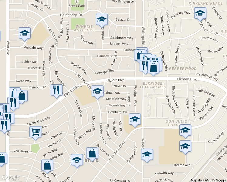 map of restaurants, bars, coffee shops, grocery stores, and more near 4143 Painter Way in North Highlands
