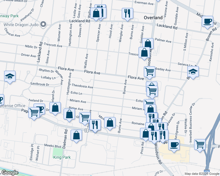 map of restaurants, bars, coffee shops, grocery stores, and more near 9527 Echo Lane in Overland