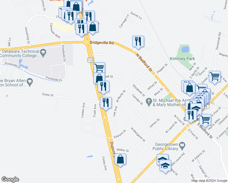 map of restaurants, bars, coffee shops, grocery stores, and more near 110 West North Street in Georgetown