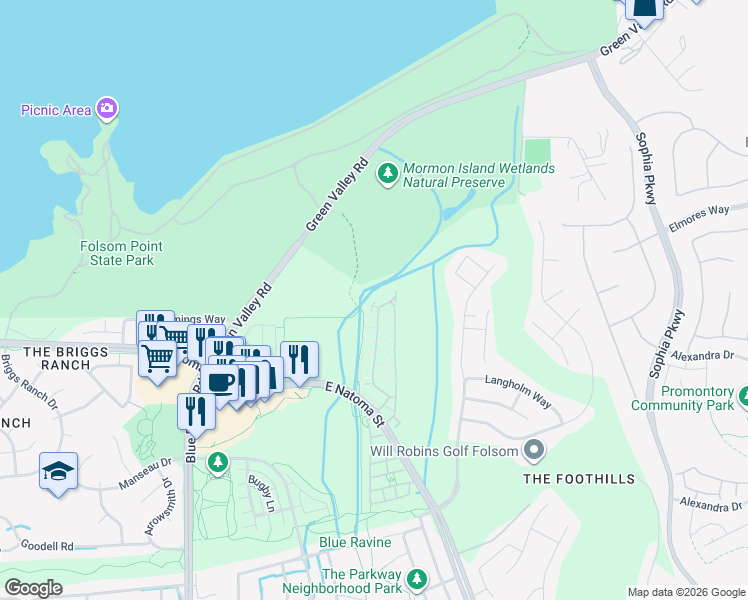 map of restaurants, bars, coffee shops, grocery stores, and more near 1510 Esplanade Circle in Folsom