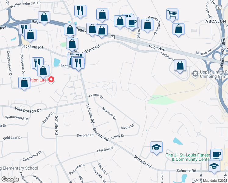 map of restaurants, bars, coffee shops, grocery stores, and more near 11409 Tivoli Lane in St. Louis
