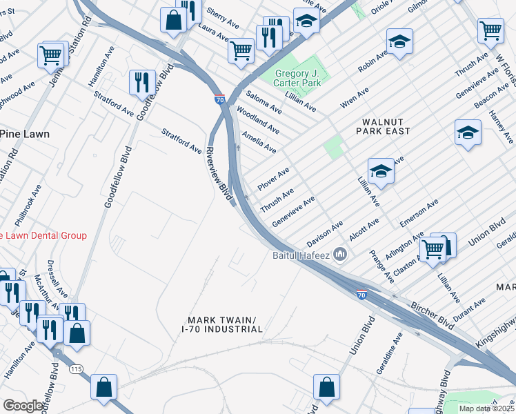 map of restaurants, bars, coffee shops, grocery stores, and more near 4523 Riverview Boulevard in St. Louis