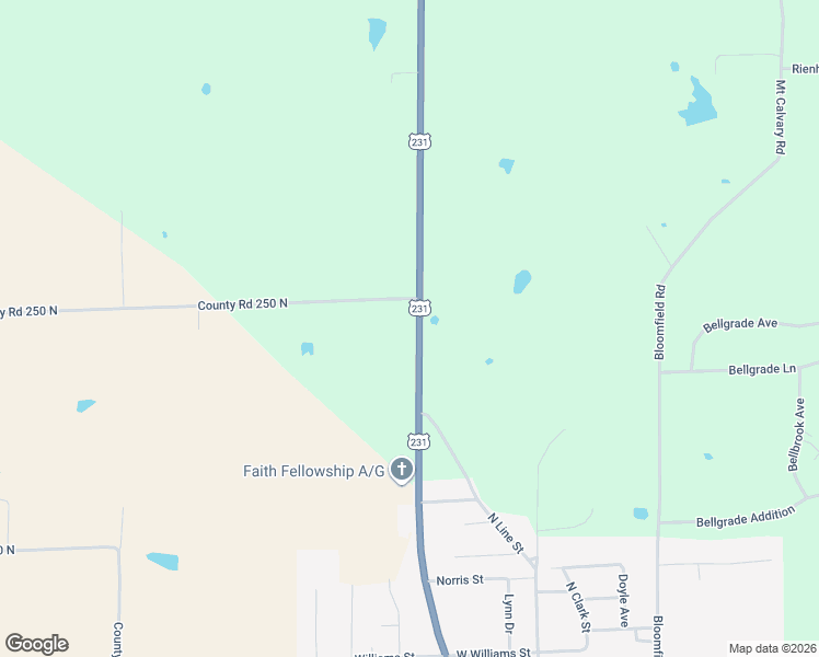 map of restaurants, bars, coffee shops, grocery stores, and more near 12094 East 250 North in Loogootee