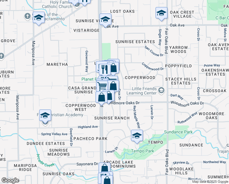 map of restaurants, bars, coffee shops, grocery stores, and more near 6945 Sunrise Boulevard in Citrus Heights