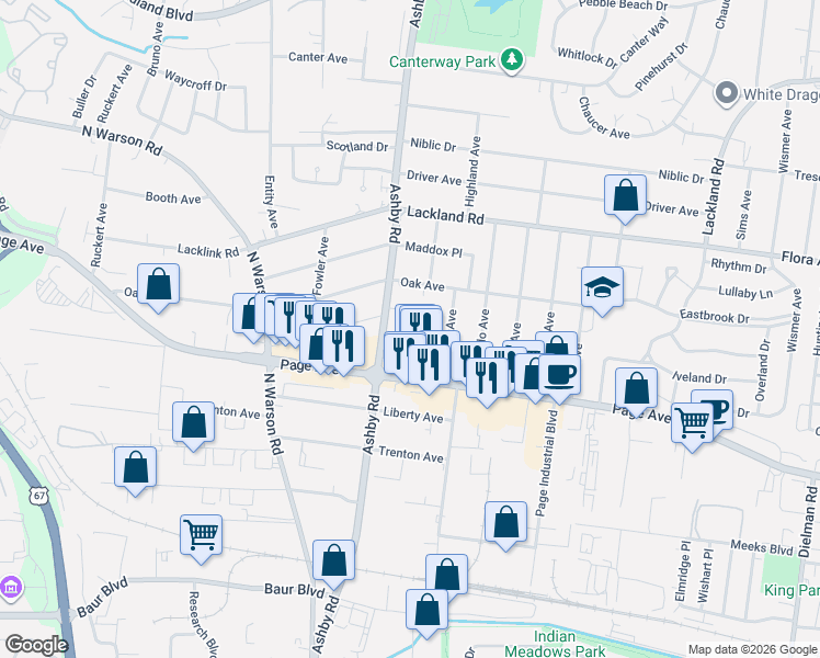 map of restaurants, bars, coffee shops, grocery stores, and more near 1808 Ashby Road in Overland