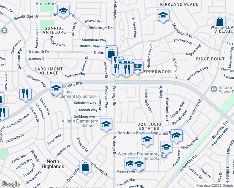 map of restaurants, bars, coffee shops, grocery stores, and more near 200 Walerga Road in Sacramento