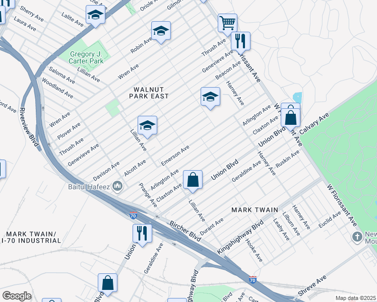 map of restaurants, bars, coffee shops, grocery stores, and more near 5054 Arlington Avenue in St. Louis