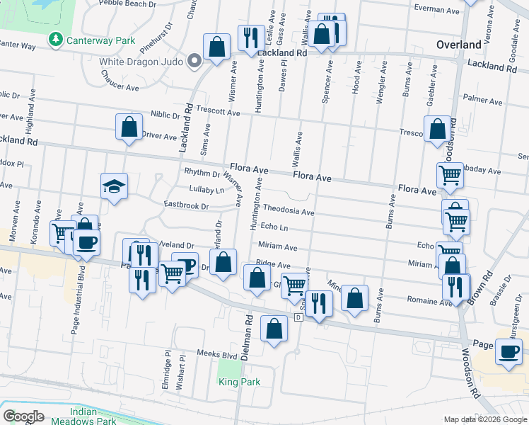 map of restaurants, bars, coffee shops, grocery stores, and more near 9706 Echo Lane in Overland