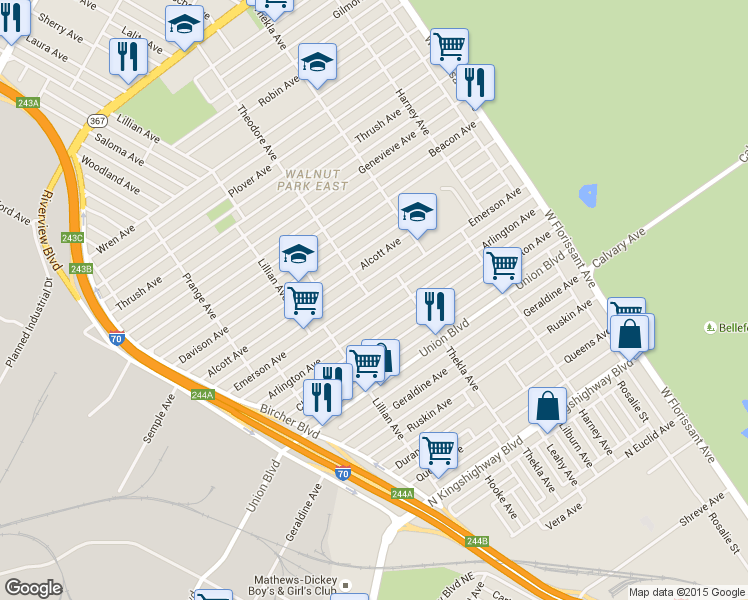 map of restaurants, bars, coffee shops, grocery stores, and more near 5221 Emerson Avenue in St. Louis