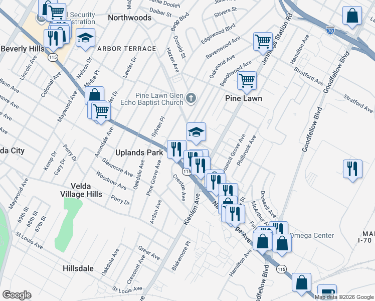 map of restaurants, bars, coffee shops, grocery stores, and more near 6239 Vetter Place in St. Louis