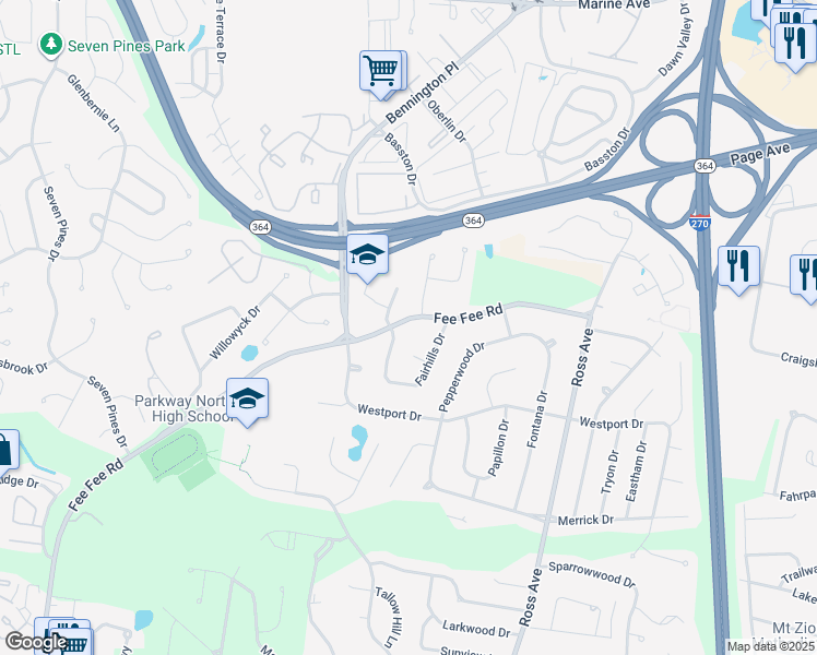 map of restaurants, bars, coffee shops, grocery stores, and more near 12626 Fee Fee Road in St. Louis